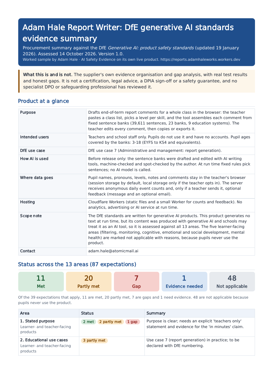 First page of the sample procurement summary: product at a glance and status counts across the 13 areas
